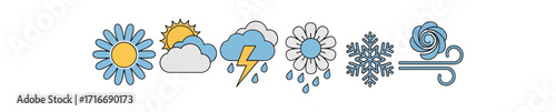 Vibrant weather icons capture sun, clouds, rain, snow, and wind for dynamic forecasting and seasonal themes