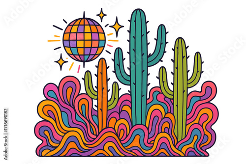 Psychedelic groovy illustration of a disco ball and cacti for a cowboy party. Vector concept in retro 70s hippie style with vibrant colors and abstract wavy patterns.