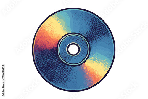Retro halftone musical CD or DVD vector illustration. Vintage 90s y2k compact disc with rainbow iridescent gradient. Digital audio data storage graphic design element isolated.