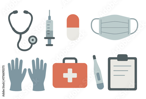 Healthcare essentials: stethoscope, syringe, capsule, mask, gloves, first aid kit, thermometer, clipboard