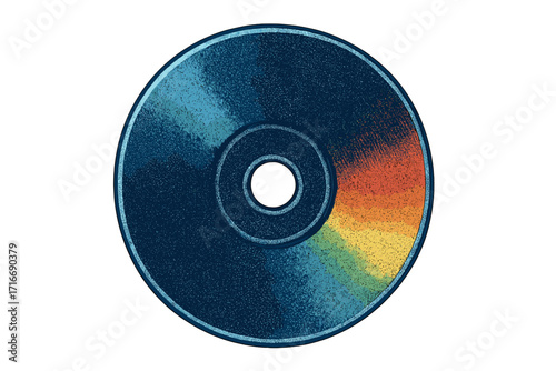Retro musical CD or DVD with a halftone texture and noise effect. Vintage 90s style compact disc with a vibrant blue and rainbow color gradient. Digital audio and data.