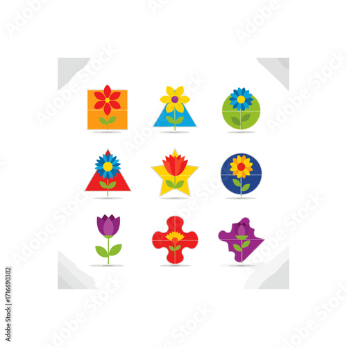 Vibrant geometric flowers in colorful abstract shapes bring modern, playful charm to any design project.