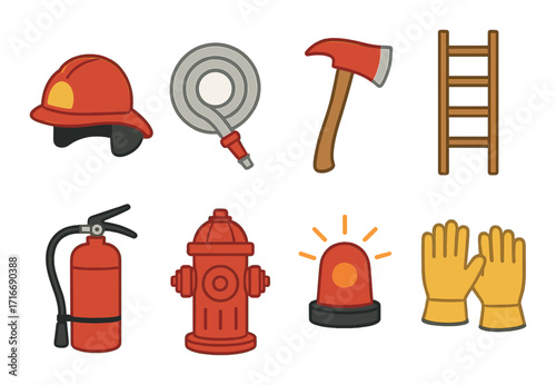 Firefighting equipment collection: helmet, hose, axe, ladder, extinguisher, hydrant, alarm, gloves