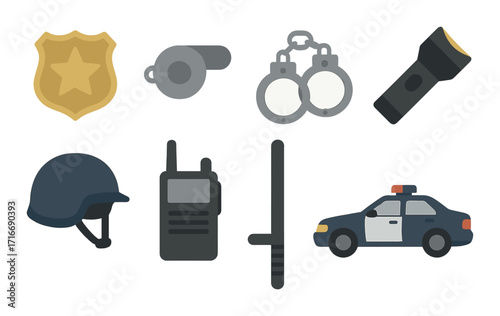 Police equipment icons set: badge, handcuffs, flashlight, helmet, radio, baton, patrol car