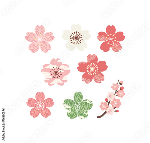 Vibrant cherry blossom collection with traditional Japanese wave and cloud patterns brings spring beauty and elegance to any design project