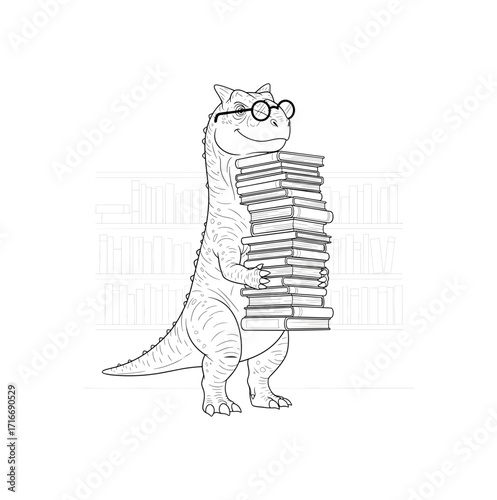 Adorable cartoon dinosaur wearing glasses holds a huge stack of books, ready to learn and explore new worlds in a library setting.