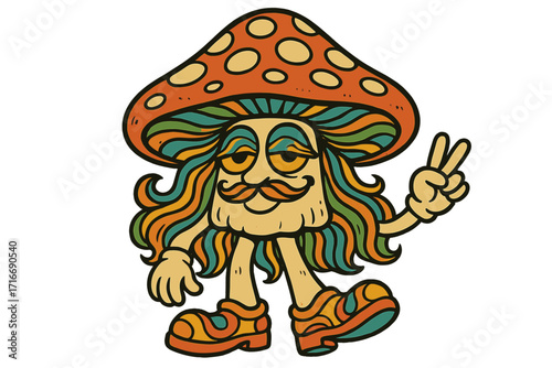 Retro groovy trippy mushroom character. Hippie psychedelic fly agaric with peace sign. Hippy funky fungus illustration. Vintage hallucinogenic nostalgic amanita mascot.