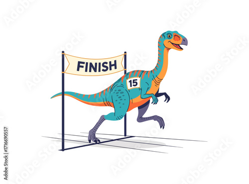 Joyful dinosaur races across finish line with excitement, celebrating victory and achievement in a playful, vibrant scene