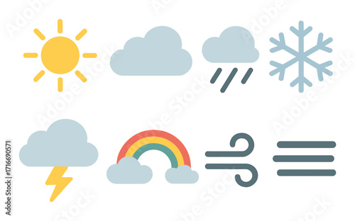 Weather icons: sun, cloud, rain, snowflake, lightning, rainbow, wind, fog symbols