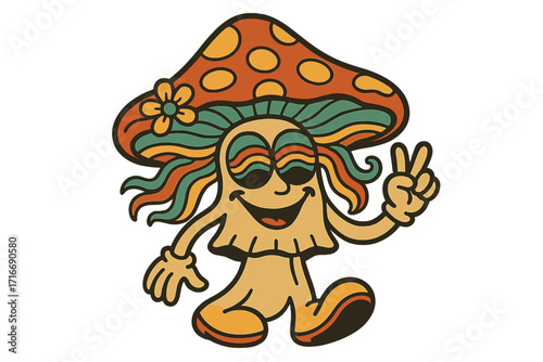 Retro groovy trippy mushroom character. Hippie psychedelic fly agaric mascot. Funky fungus walking with peace sign. Vintage 70s hallucinogenic amanita cartoon sticker.