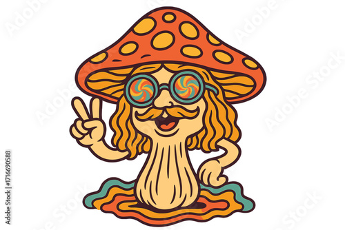 Retro groovy trippy mushroom character with peace sign. Hippie psychedelic fly agaric mascot. Funky vintage fungus cartoon. Hallucinogenic amanita nostalgia illustration.