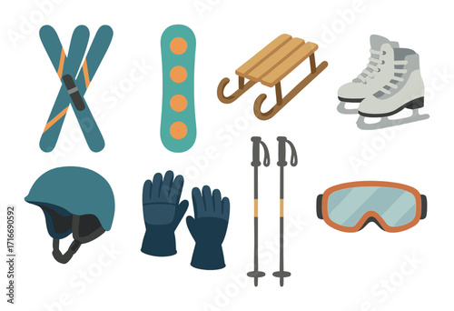 Winter sports equipment collection: skis, snowboard, sled, skates, helmet, gloves, poles, goggles