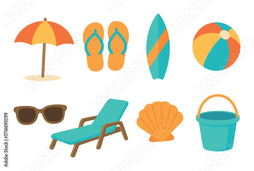 Colorful beach icons set featuring umbrella, flip-flops, surfboard, beach ball, sunglasses, and more