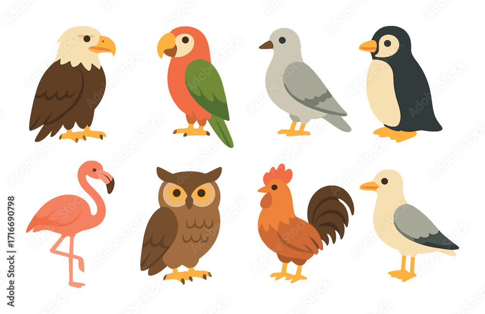 Fototapeta premium Colorful cartoon birds collection featuring owl, penguin, and parrot