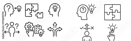Creative thinking concepts illustrated through simple line drawings of puzzles and ideas in various shapes