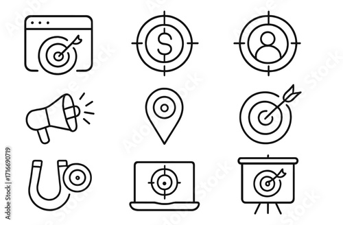 Target icons representing marketing strategies and audience engagement for digital campaigns and analytics in a minimalistic design