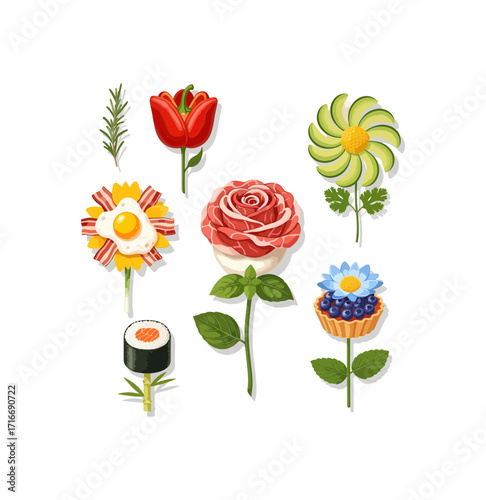 Creative food art flowers: savory bacon egg sunflower, prosciutto rose, sushi, avocado bloom, bell pepper tulip, blueberry tart, and rosemary sprig