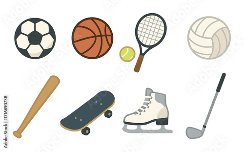 Various sports equipment icons: soccer ball, basketball, tennis, volleyball, baseball, skateboard, ice skate, golf club