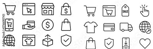Various icons representing online shopping elements and transactions in a digital commerce environment