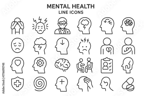 Collection of mental health line icons depicting emotions, therapy, and wellness themes