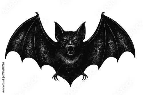 Scary bat Halloween horror vector. Vintage creepy flying monster. Gothic grunge illustration with halftone dotwork texture. Engraving style vampire animal clipart for print.