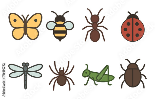 Colorful cartoon insect icons: butterfly, bee, ant, ladybug, dragonfly, spider, grasshopper, beetle