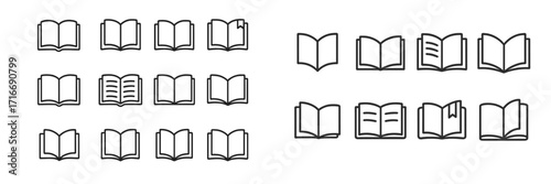 Simple line drawings of various open books arranged in two rows showcasing different styles and conditions