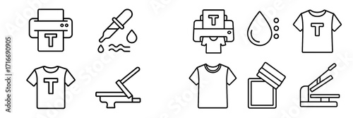 Creative process of custom t-shirt printing with ink and design tools shown in simple icons