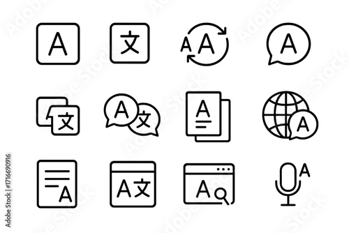 Icons representing translation and language services with various symbols and designs for communication