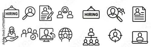 Hiring icons showcasing job search elements, recruitment processes, and candidate evaluation steps in a simple format