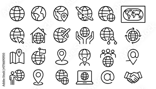 Global connectivity icons featuring maps, symbols, and digital elements showcasing international collaboration