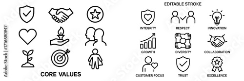 Core values and principles showcased through simple icons representing integrity, respect, and innovation for business culture