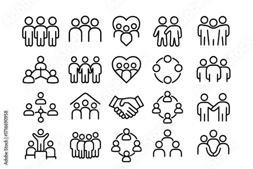 Various icons depicting human connection, teamwork, and community engagement in simple line art style