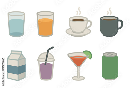 Collection of various beverage icons including coffee, juice, and soda