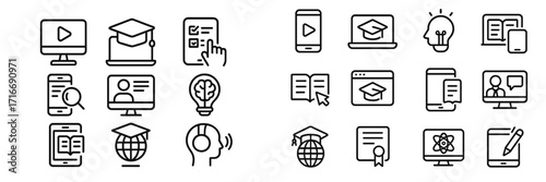 Collection of educational icons representing online learning tools and resources for students and teachers