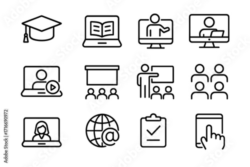 Online education icons showcasing various learning environments and activities related to digital classrooms and remote learning