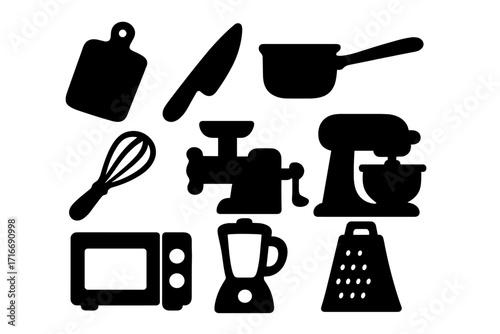 Set of kitchen tool silhouettes. Cooking and food preparation icon collection. Vector graphic elements for culinary design. Mixer, blender, grater, microwave, pot, knife.