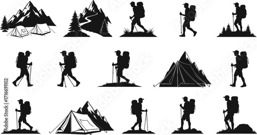 Camping and hiking silhouette set, mountain landscape, tents, trekkers with backpacks, black white vector illustration, outdoor adventure scene