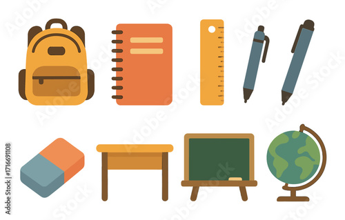 Stylized school supplies: backpack, notebook, ruler, pens, eraser, desk, blackboard, globe