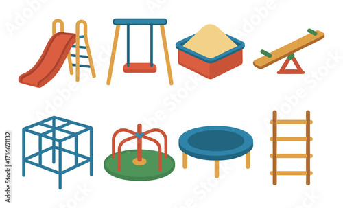 Colorful playground equipment featuring slide, swing, sandbox, and more