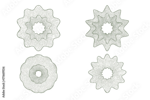 Guilloche pattern set for security. Intricate rosette vector elements for banknote, certificate, diploma, voucher, or money design. Abstract decorative watermark seal.