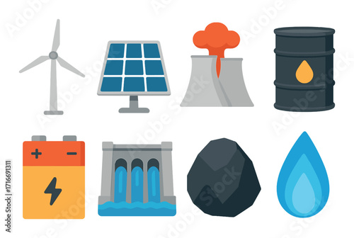 Icons of renewable and nonrenewable energy sources in colorful illustrations