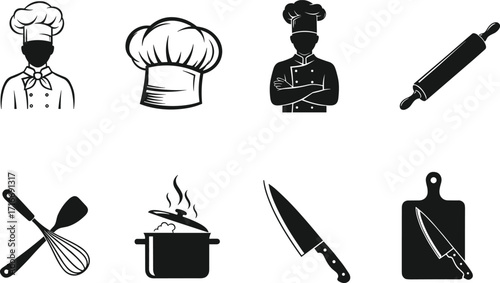 Chef silhouette, cooking icons, kitchen tools, culinary vector, chef hat, knife, pot, whisk, spatula, rolling pin, food art, restaurant design, black and white, professional chef, kitchenware,  