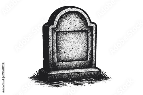 Tombstone gravestone halftone illustration. Spooky Halloween horror clipart. Vintage grunge dot texture. Cemetery grave marker for death memorial. RIP funeral concept design.