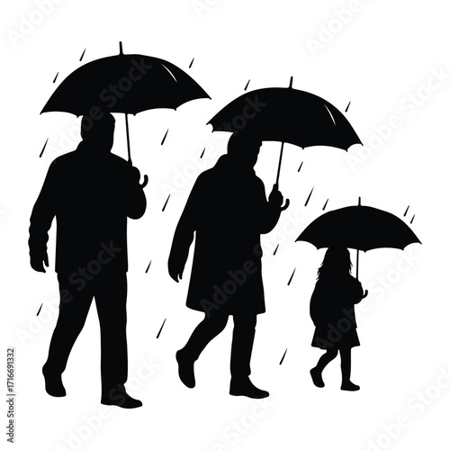 Family walking in rain with umbrellas silhouette