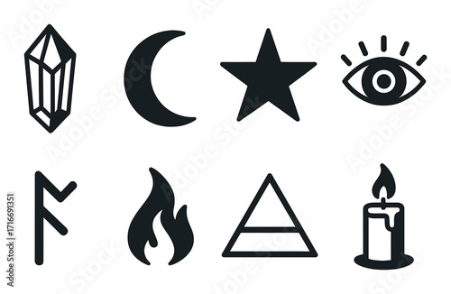 Mystical symbols collection on brown background with crystal, moon, star, eye, rune, fire, triangle, candle