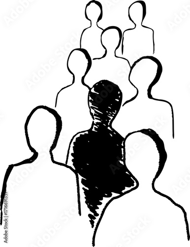 Stand out from the crowd. A single black man stands among others. Vector illustration. Abstract black brush strokes and drawings on a white background.