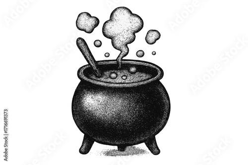 Witches cauldron with bubbling magic potion. Vintage dotwork illustration. Halloween witchcraft concept. Alchemy symbol for spell casting. Spooky black and white drawing.