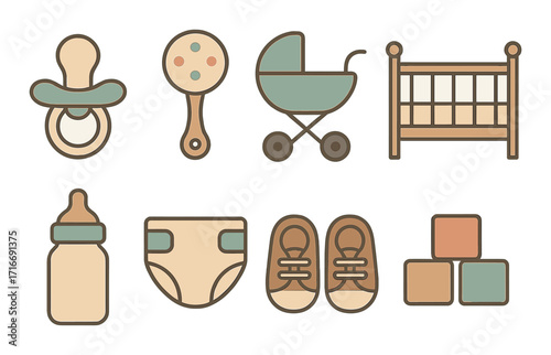Set of baby icons featuring pacifier, rattle, stroller, crib, bottle, diaper, shoes, and blocks