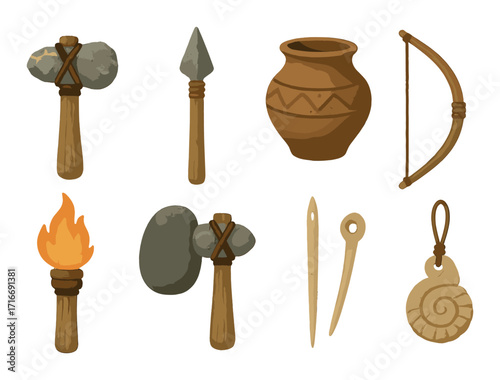 Ancient tools and artifacts: primitive stone implements and pottery